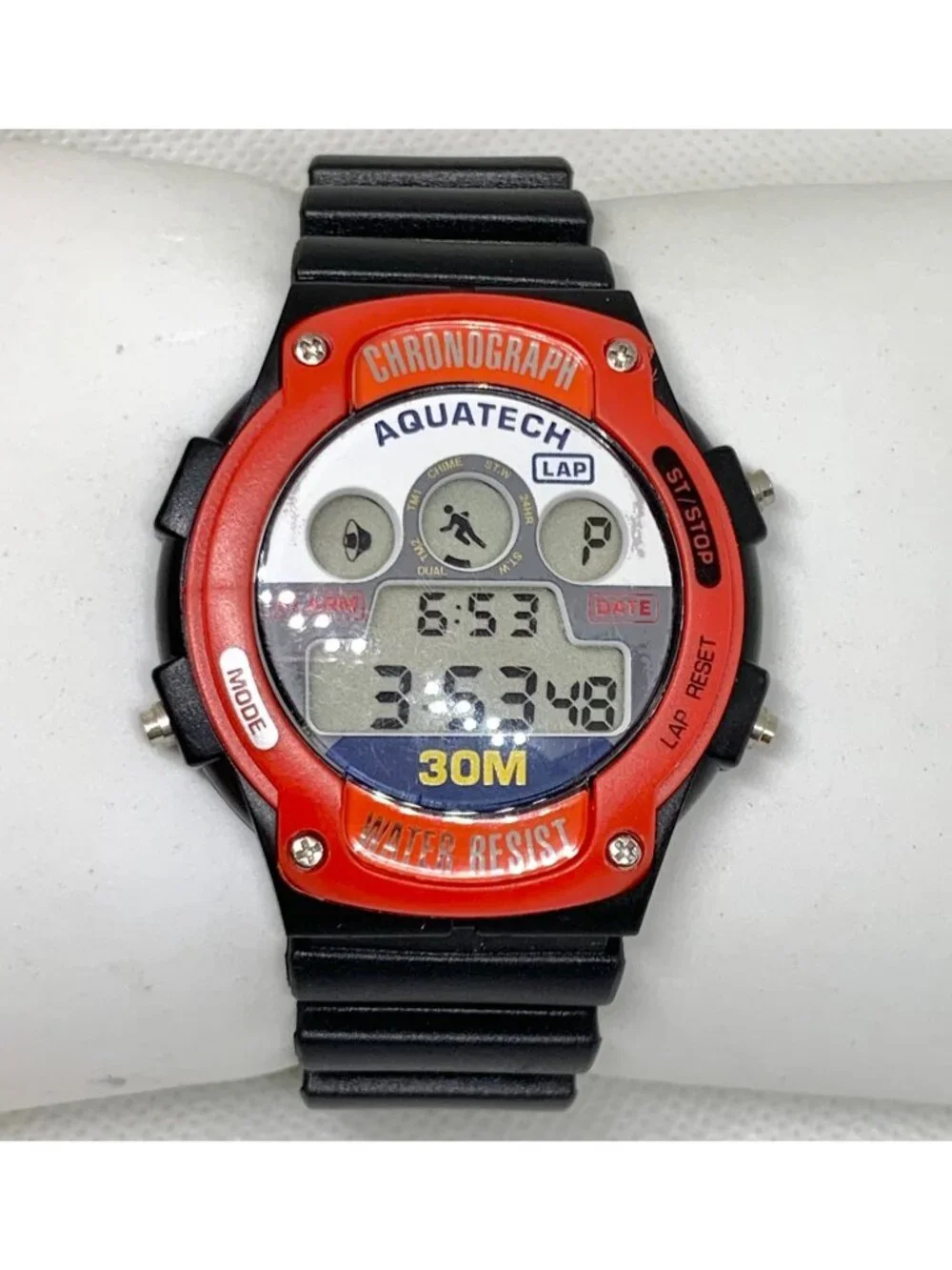 Vintage Aquatech men digital chronograph sport watch 40mm red black running